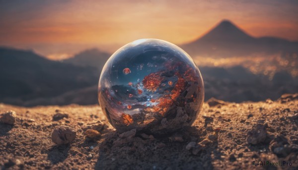 outdoors, sky, cloud, blurry, no humans, depth of field, blurry background, scenery, sunset, mountain, planet, orb, landscape