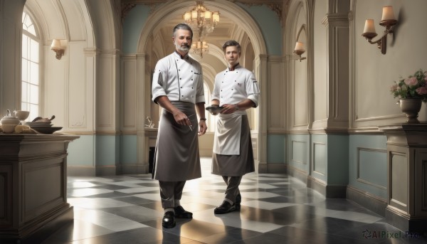 looking at viewer,smile,short hair,shirt,black hair,standing,flower,male focus,multiple boys,shoes,pants,indoors,dark skin,2boys,black footwear,black eyes,apron,cup,window,buttons,holding hands,facial hair,black pants,dark-skinned male,waist apron,beard,reflection,mature male,mustache,double-breasted,lamp,teapot,checkered floor,hair slicked back,vase,chandelier,chef,holding,white shirt,food,shadow,plant,undercut