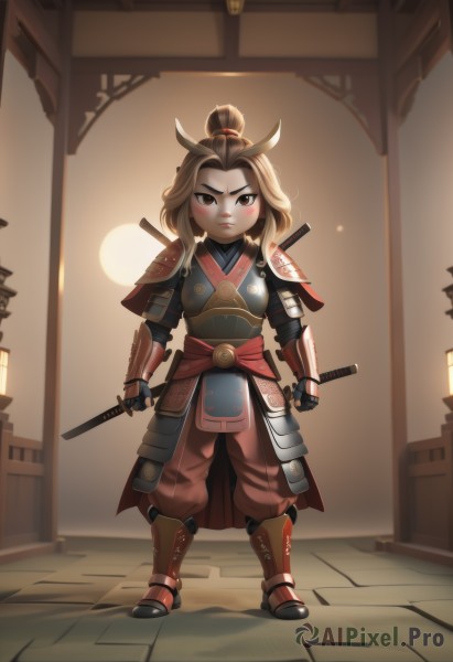 1girl,solo,long hair,looking at viewer,blush,brown hair,holding,brown eyes,closed mouth,standing,full body,weapon,japanese clothes,pants,sword,indoors,medium hair,hair bun,holding weapon,armor,makeup,holding sword,single hair bun,katana,shoulder armor,gauntlets,sheath,pauldrons,sheathed,breastplate,armored boots,japanese armor,scabbard,greaves,architecture,arm guards,east asian architecture,red pants,topknot,samurai,gloves,ponytail,boots,outdoors,fingerless gloves,blush stickers,backlighting