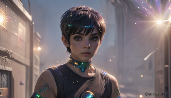 1girl,solo,looking at viewer,short hair,bangs,shirt,black hair,1boy,brown eyes,jewelry,upper body,male focus,outdoors,parted lips,sleeveless,choker,artist name,dark skin,blurry,black eyes,collar,dark-skinned female,lips,blurry background,watermark,tank top,building,lens flare,freckles,science fiction,realistic,nose,very short hair,hair ornament,green eyes,earrings,sky,teeth,day,grey eyes,eyelashes,depth of field,sunlight,gem,portrait,light particles,backlighting,android,light,cyberpunk