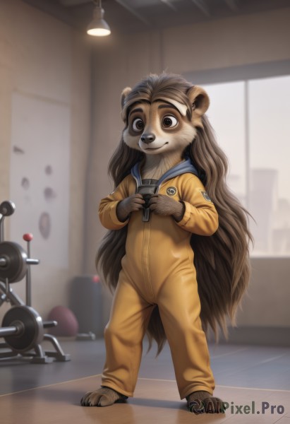 1girl,solo,long hair,looking at viewer,smile,brown hair,long sleeves,1boy,holding,animal ears,brown eyes,very long hair,closed mouth,standing,full body,male focus,barefoot,artist name,indoors,blurry,blurry background,child,furry,furry female,camera,furry male,male child,body fur,jumpsuit,brown fur,holding camera,gloves,jacket,tail,hood,window,hoodie,depth of field,thick eyebrows,hood down,claws,brown gloves,zipper,freckles,animal hands,drawstring,zipper pull tab,animal nose,snout