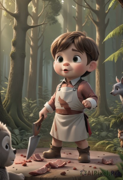 solo,short hair,open mouth,brown hair,shirt,long sleeves,1boy,holding,green eyes,standing,full body,male focus,boots,outdoors,food,apron,tree,blood,animal,thick eyebrows,aged down,knife,child,nature,forest,blood on clothes,male child,dirty,squirrel,deer,blush,parted lips,artist name,black eyes,sunlight,holding knife,mushroom,acorn