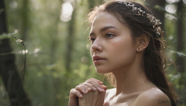 1girl, solo, long hair, brown hair, hair ornament, jewelry, flower, earrings, blurry, lips, depth of field, blurry background, own hands together, freckles, realistic, own hands clasped, mole on neck