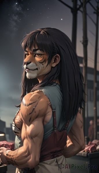 1girl,solo,long hair,brown hair,shirt,black hair,1boy,bare shoulders,brown eyes,upper body,male focus,outdoors,sky,teeth,sleeveless,from behind,blurry,torn clothes,muscular,night,blurry background,facial hair,muscular male,star (sky),night sky,beard,starry sky,veins,mustache,muscular female,overalls,torn shirt,power lines,biceps,utility pole,breasts,looking at viewer,bangs,holding,looking back,dark skin,thick eyebrows,tank top,furry,facepaint,chinese zodiac,tiger,2022,year of the tiger