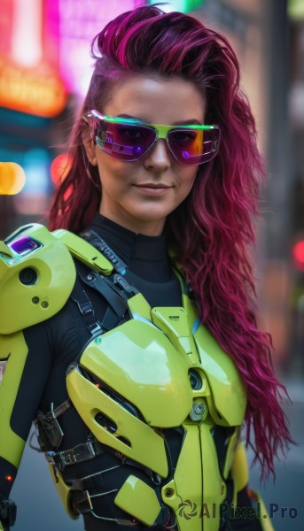 1girl,solo,long hair,looking at viewer,smile,upper body,pink hair,purple hair,red hair,multicolored hair,dark skin,armor,blurry,dark-skinned female,lips,bodysuit,makeup,blurry background,sunglasses,science fiction,realistic,nose,tinted eyewear,cyborg,cyberpunk,breasts,wavy hair,power armor