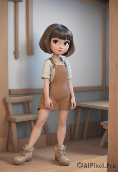 1girl,solo,looking at viewer,smile,short hair,bangs,brown hair,shirt,brown eyes,closed mouth,standing,full body,white shirt,short sleeves,hairband,boots,shoes,shorts,collared shirt,indoors,blunt bangs,lips,loli,chair,brown footwear,table,bob cut,suspenders,child,legs apart,door,female child,overalls,overall shorts,wooden chair,blush,watermark,wooden floor,brown shorts