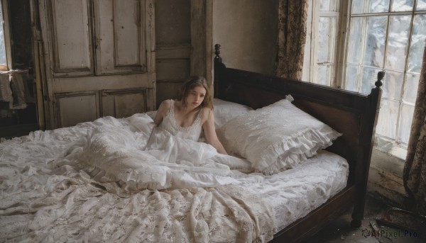 1girl,solo,looking at viewer,short hair,brown hair,dress,bare shoulders,sitting,frills,day,indoors,white dress,pillow,window,bed,bed sheet,on bed,curtains,scenery,snow,realistic,nightgown,long hair,breasts,blonde hair,cleavage,brown eyes,medium breasts,closed mouth,lying,lips,book,on side,camisole,wooden floor,blanket,lamp,candle,bedroom,under covers