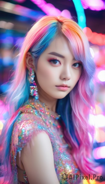 1girl,solo,long hair,breasts,looking at viewer,bangs,blue eyes,jewelry,closed mouth,blue hair,upper body,pink hair,multicolored hair,earrings,sleeveless,blurry,from side,two-tone hair,lips,looking to the side,eyelashes,makeup,depth of field,blurry background,watermark,lipstick,gem,eyeshadow,pink lips,realistic,nose,eyeliner,colorful,mascara,rainbow hair,brown eyes,necklace,see-through,web address,bokeh