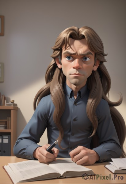 1girl,solo,long hair,blue eyes,brown hair,shirt,long sleeves,1boy,holding,sitting,closed mouth,upper body,male focus,collared shirt,indoors,book,buttons,table,blue shirt,desk,open book,realistic,bookshelf,pen,pencil,holding pen,writing,looking at viewer,bangs,jacket,artist name,blurry,lips,black shirt,dress shirt,chair,thick eyebrows,wing collar,blue jacket,nose,holding pencil