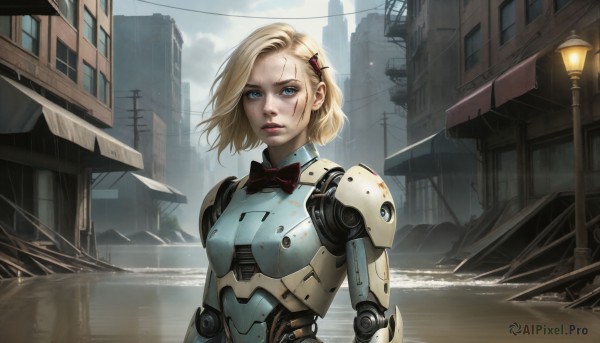 HQ,1girl,solo,breasts,looking at viewer,short hair,blue eyes,blonde hair,hair ornament,bow,upper body,outdoors,parted lips,sky,day,hairclip,artist name,bowtie,armor,lips,scar,robot,building,scar on face,science fiction,rain,city,realistic,nose,scar across eye,android,road,joints,ruins,cyborg,power lines,lamppost,dirty,damaged,robot joints,dirty face,post-apocalypse,cloud,signature,cyberpunk