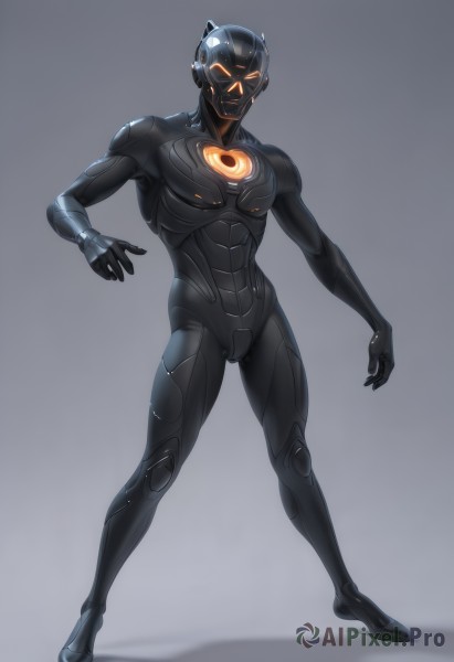 solo,1boy,standing,full body,male focus,grey background,bodysuit,glowing,helmet,glowing eyes,science fiction,black bodysuit,neon trim,tokusatsu,looking at viewer,simple background,orange eyes,power suit