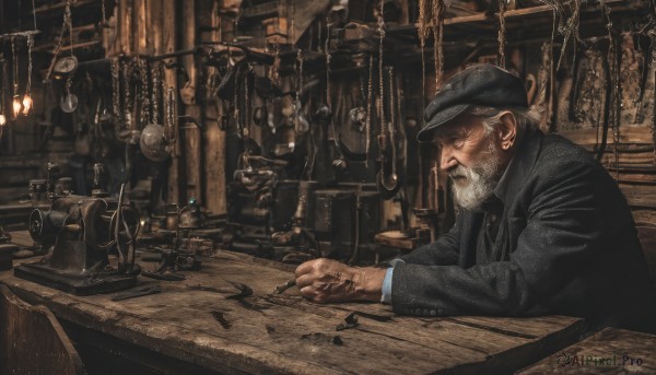 solo,long sleeves,1boy,hat,holding,jewelry,sitting,jacket,closed eyes,upper body,white hair,grey hair,male focus,earrings,indoors,from side,black jacket,black headwear,facial hair,chain,chair,table,beard,head rest,realistic,mustache,lamp,candle,old,old man,coat,manly,hammer,map,wrinkled skin,head down