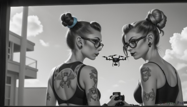 breasts,smile,short hair,multiple girls,hair ornament,holding,2girls,bare shoulders,jewelry,medium breasts,closed mouth,underwear,monochrome,upper body,greyscale,earrings,small breasts,outdoors,sky,glasses,day,looking back,cloud,hair bun,from behind,lips,eyelashes,double bun,tattoo,siblings,back,single hair bun,cloudy sky,tank top,sisters,spot color,black-framed eyewear,sports bra,nose,stud earrings,controller,arm tattoo,shoulder tattoo,game controller,nape,back tattoo,drone,parted lips,artist name,looking at another,piercing,border,camera