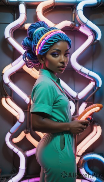 1girl,solo,breasts,looking at viewer,blue eyes,dress,holding,jewelry,blue hair,standing,ass,short sleeves,hairband,small breasts,parted lips,food,dark skin,from side,dark-skinned female,lips,makeup,watermark,eyeshadow,green dress,nose,cable,cyborg,very dark skin,dreadlocks,hospital gown,short hair,shirt,brown eyes,multicolored hair,cowboy shot,earrings,alternate costume,collared shirt,pants,artist name,signature,hair bun,apron,two-tone hair,eyelashes,alternate hairstyle,single hair bun,thick eyebrows,lipstick,curly hair,green shirt,tight,updo