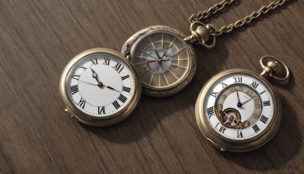 weapon,no humans,shadow,chain,from above,table,knife,watch,wooden floor,clock,pocket watch,still life,roman numeral,wooden table,analog clock