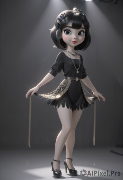 1girl,solo,breasts,looking at viewer,short hair,bangs,black hair,hair ornament,dress,jewelry,closed mouth,standing,collarbone,full body,short sleeves,hairband,earrings,small breasts,parted lips,shoes,puffy sleeves,shiny,necklace,nail polish,black footwear,black eyes,black dress,high heels,shiny hair,puffy short sleeves,lips,grey eyes,eyelashes,bare legs,makeup,shadow,short dress,feathers,lipstick,child,red nails,pendant,skirt hold,red lips,female child,spotlight,smile,artist name