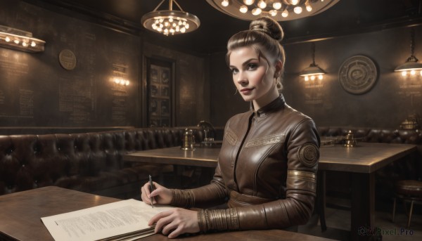 1girl,solo,breasts,looking at viewer,short hair,brown hair,long sleeves,holding,brown eyes,jewelry,sitting,closed mouth,upper body,earrings,indoors,hair bun,lips,book,makeup,chair,table,single hair bun,paper,realistic,clock,pen,lamp,holding pen,bar (place),writing,smile,dress,parted lips,lipstick,red lips,lights