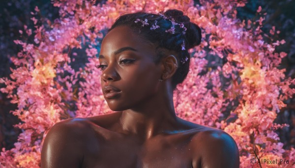 1girl, solo, breasts, short hair, black hair, hair ornament, brown eyes, jewelry, collarbone, upper body, flower, nude, earrings, parted lips, dark skin, hair bun, dark-skinned female, lips, looking away, piercing, single hair bun, cherry blossoms, realistic, nose, very dark skin