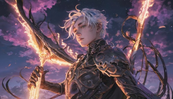 solo,short hair,blue eyes,gloves,1boy,holding,upper body,weapon,white hair,male focus,outdoors,parted lips,sky,black gloves,sword,cloud,cape,holding weapon,armor,lips,night,glowing,holding sword,cloudy sky,fire,shoulder armor,gauntlets,star (sky),night sky,starry sky,pauldrons,circlet,breastplate,fantasy,looking at viewer,ribbon,closed mouth,petals,vambraces,glowing weapon,glowing sword