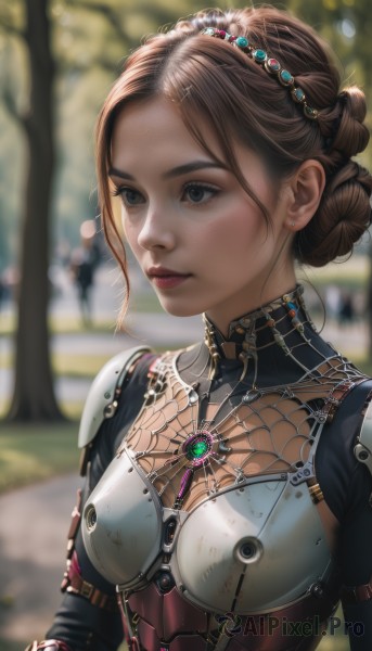 1girl,solo,breasts,short hair,blue eyes,brown hair,hair ornament,jewelry,closed mouth,upper body,braid,earrings,small breasts,outdoors,day,hair bun,armor,blurry,tree,lips,looking to the side,grey eyes,makeup,depth of field,blurry background,looking away,single hair bun,tiara,brooch,shoulder armor,gem,french braid,freckles,breastplate,braided bun,silk,spider web,hairband,artist name,signature,eyelashes,realistic,nose,spider web print,chainmail