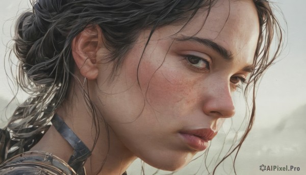 1girl,solo,long hair,looking at viewer,brown hair,black hair,brown eyes,jewelry,braid,earrings,parted lips,choker,blurry,black eyes,from side,lips,blurry background,portrait,close-up,freckles,realistic,nose,simple background,looking to the side,eyelashes,messy hair