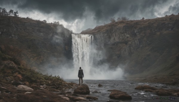 solo, black hair, 1boy, standing, outdoors, sky, cloud, water, from behind, tree, cloudy sky, nature, scenery, rock, wide shot, waterfall, fog, cliff