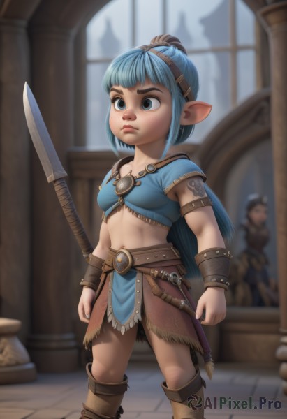 1girl,solo,long hair,breasts,bangs,blue eyes,skirt,navel,holding,2girls,jewelry,closed mouth,blue hair,standing,ponytail,weapon,small breasts,boots,solo focus,pointy ears,midriff,belt,sword,indoors,holding weapon,blurry,lips,tattoo,depth of field,blurry background,brown footwear,knee boots,knife,polearm,spear,realistic,nose,fantasy,bracer,dagger,loincloth,window