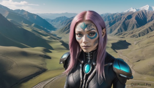 1girl,solo,long hair,breasts,looking at viewer,smile,brown eyes,closed mouth,upper body,pink hair,purple hair,outdoors,parted lips,sky,day,armor,lips,bodysuit,makeup,facial mark,lipstick,eyeshadow,science fiction,mountain,forehead mark,nose,facepaint,cyborg,purple lips,blue eyes,cloud,blue sky,tattoo,realistic,facial tattoo,alien