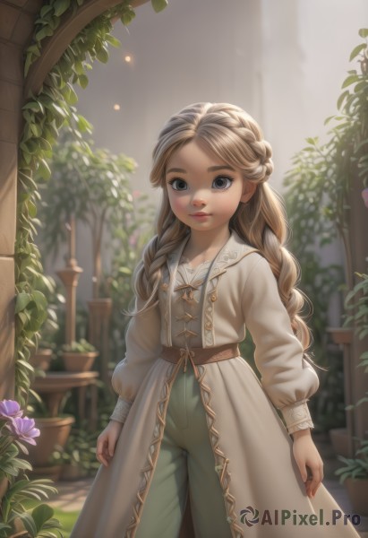 1girl,solo,long hair,looking at viewer,smile,blue eyes,blonde hair,brown hair,long sleeves,dress,brown eyes,closed mouth,standing,braid,flower,outdoors,puffy sleeves,belt,pants,blurry,black eyes,twin braids,lips,grey eyes,plant,forehead,arms at sides,potted plant,green pants,day,artist name,depth of field,blurry background,sunlight,thick eyebrows,freckles