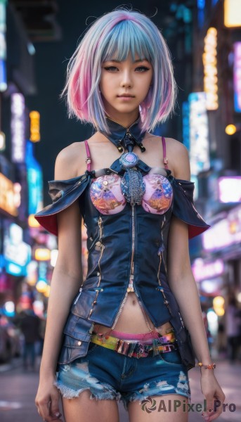 1girl,solo,breasts,looking at viewer,short hair,bangs,blue eyes,navel,bare shoulders,jewelry,medium breasts,closed mouth,underwear,blue hair,standing,pink hair,multicolored hair,cowboy shot,outdoors,shorts,midriff,belt,bra,blurry,bracelet,two-tone hair,lips,streaked hair,torn clothes,short shorts,detached collar,depth of field,blurry background,denim,web address,pink nails,blue shorts,denim shorts,realistic,pink bra,cutoffs,torn shorts,panties,white hair,small breasts,night,watermark,zipper,midriff peek