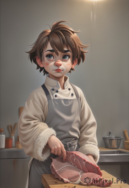 1girl,solo,short hair,bangs,brown hair,long sleeves,holding,closed mouth,standing,food,indoors,black eyes,apron,lips,coat,grey eyes,fur trim,buttons,blush stickers,thick eyebrows,child,androgynous,cooking,meat,kitchen,blush,blue eyes,makeup,knife,lipstick,nose,tongs