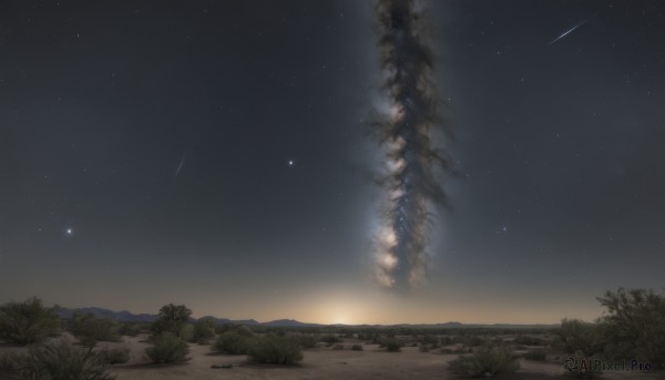 outdoors,sky,cloud,tree,no humans,night,grass,fire,star (sky),nature,night sky,scenery,forest,smoke,starry sky,mountain,shooting star,plant,sand,horizon,landscape