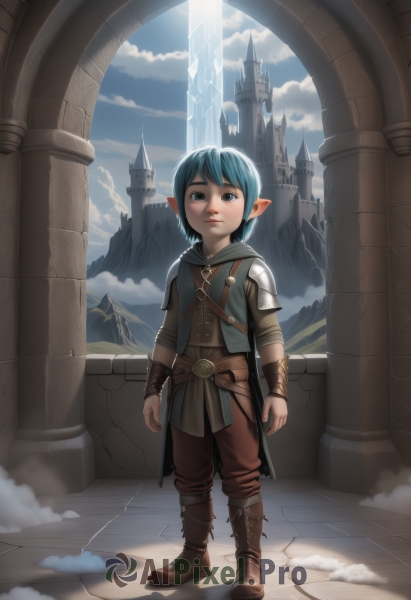 solo,looking at viewer,short hair,bangs,blue eyes,1boy,jewelry,blue hair,standing,full body,male focus,boots,outdoors,sky,day,pointy ears,belt,pants,cloud,armor,blue sky,brown footwear,knee boots,cloudy sky,shoulder armor,child,walking,mountain,fantasy,arms at sides,male child,brown pants,pillar,castle,lalafell,1girl,closed mouth,watermark,sunlight,elf,web address,androgynous,pouch,vambraces,leather,fog,tunic,arch,leather boots