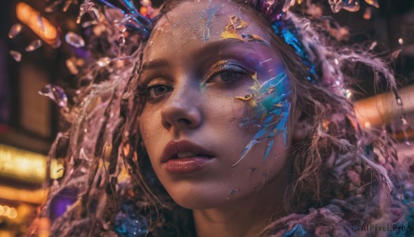 1girl,solo,long hair,looking at viewer,brown hair,parted lips,artist name,dark skin,blurry,black eyes,dark-skinned female,lips,eyelashes,makeup,depth of field,blurry background,portrait,freckles,crystal,realistic,nose,teeth,water,close-up