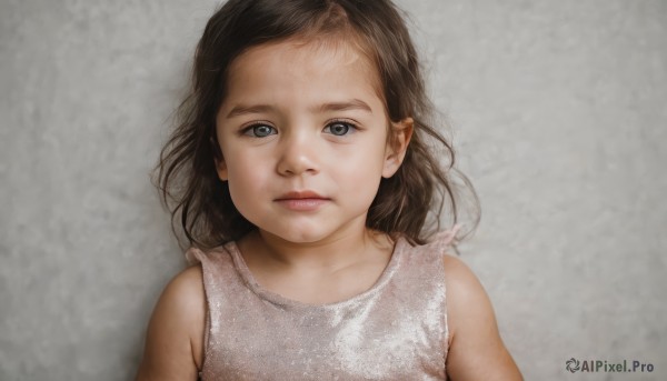 1girl,solo,long hair,looking at viewer,blue eyes,brown hair,black hair,dress,bare shoulders,closed mouth,upper body,sleeveless,grey background,black eyes,lips,grey eyes,child,realistic,female child,brown eyes,expressionless,portrait