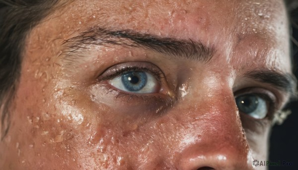 solo,looking at viewer,open mouth,blue eyes,black hair,1boy,male focus,multiple boys,shiny,blurry,eyelashes,black background,portrait,close-up,reflection,realistic,eye focus,brown hair,freckles