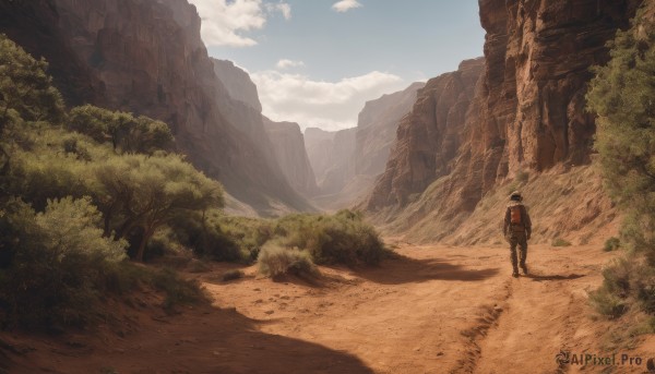 solo,1boy,hat,standing,outdoors,sky,day,pants,cloud,signature,bag,from behind,tree,shadow,backpack,helmet,grass,nature,scenery,1other,forest,walking,rock,mountain,road,bush,landscape,ambiguous gender,path,male focus,cloudy sky,desert