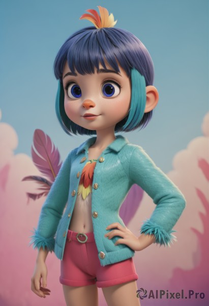 1girl,solo,looking at viewer,smile,short hair,bangs,blue eyes,shirt,black hair,hair ornament,long sleeves,navel,closed mouth,blue hair,standing,jacket,multicolored hair,cowboy shot,outdoors,open clothes,sky,shorts,day,midriff,belt,cloud,flat chest,two-tone hair,open jacket,blue sky,lips,hand on hip,short shorts,open shirt,buttons,feathers,blue jacket,child,freckles,unbuttoned,female child,red shorts,denim jacket,blue shirt,nose