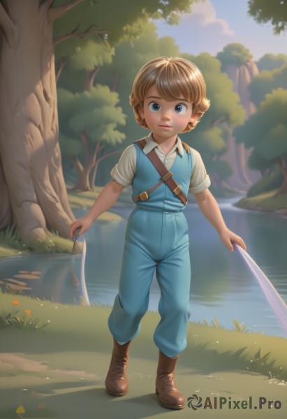 1girl,solo,looking at viewer,smile,short hair,bangs,blue eyes,blonde hair,brown hair,shirt,1boy,holding,standing,full body,white shirt,short sleeves,male focus,boots,outdoors,sky,day,collared shirt,water,tree,lips,brown footwear,suspenders,grass,child,nature,forest,freckles,overalls,male child,river,belt,vest,leaf,lake,fishing rod