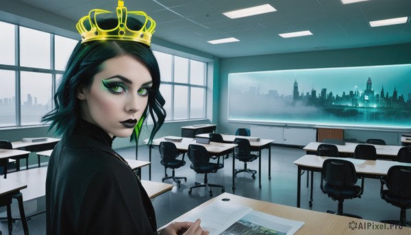 1girl,solo,looking at viewer,short hair,black hair,green eyes,upper body,multicolored hair,green hair,looking back,indoors,two-tone hair,window,makeup,chair,crown,lipstick,desk,eyeshadow,paper,classroom,eyeliner,school desk,black lips,green lips