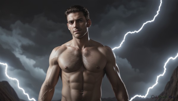 solo,looking at viewer,short hair,brown hair,black hair,1boy,navel,brown eyes,closed mouth,nipples,upper body,male focus,nude,outdoors,sky,cloud,dark skin,stomach,completely nude,muscular,facial hair,piercing,abs,cloudy sky,pectorals,muscular male,bara,large pectorals,veins,sideburns,mature male,realistic,nipple piercing,manly,chest hair,navel hair,lightning,arm hair,hairy,navel piercing