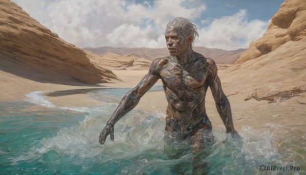 solo,open mouth,1boy,standing,white hair,male focus,outdoors,sky,teeth,day,cloud,dark skin,water,blue sky,wet,muscular,ocean,beach,dark-skinned male,cloudy sky,wading,science fiction,realistic,sand,cyborg,waves,short hair,closed eyes,nude,abs,rock,old,old man