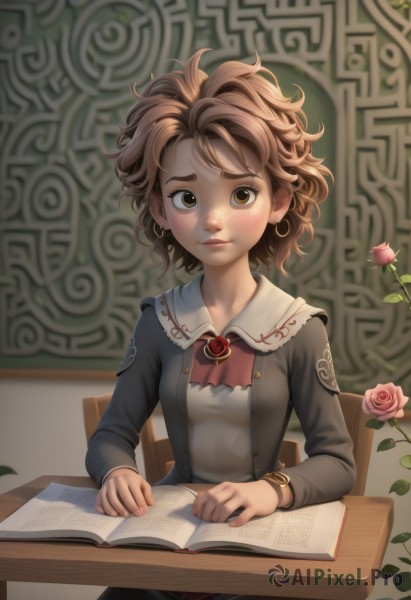 1girl,solo,breasts,looking at viewer,short hair,skirt,brown hair,shirt,long sleeves,brown eyes,jewelry,sitting,closed mouth,jacket,flower,earrings,indoors,bracelet,lips,book,ascot,rose,chair,table,thick eyebrows,brooch,messy hair,pink flower,freckles,curly hair,open book,pink rose,blush,dress,desk