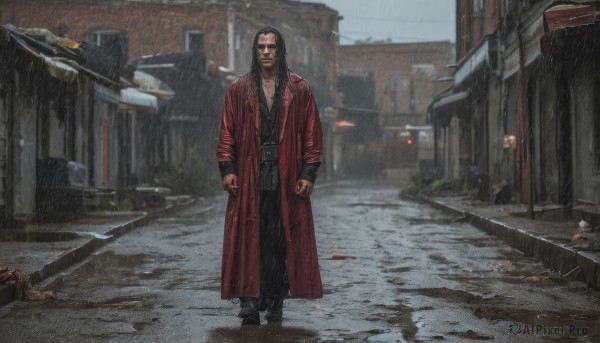 solo,long hair,looking at viewer,black hair,long sleeves,1boy,standing,jacket,male focus,outdoors,pants,black footwear,coat,blood,facial hair,black pants,ground vehicle,building,motor vehicle,beard,red jacket,walking,rain,city,realistic,red coat,street,shirt,belt,black shirt,clenched hands,car,road,manly,lamppost