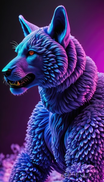 solo,red eyes,animal ears,upper body,teeth,blurry,from side,orange eyes,gradient,gradient background,no humans,animal,fangs,looking up,sharp teeth,furry,purple background,monster,realistic,animal focus,whiskers,simple background,flower,signature,pokemon (creature),profile