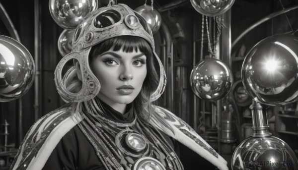 1girl,solo,looking at viewer,short hair,bangs,jewelry,closed mouth,monochrome,upper body,greyscale,indoors,blunt bangs,cape,lips,eyelashes,helmet,realistic,nose,orb,globe,signature,gem,portrait,science fiction