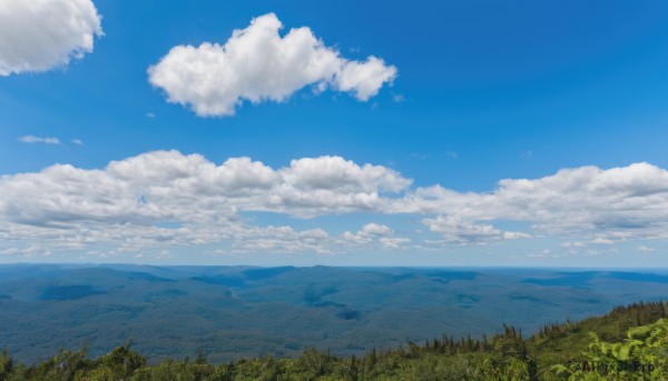 outdoors,sky,day,cloud,tree,blue sky,no humans,cloudy sky,grass,nature,scenery,forest,mountain,horizon,field,landscape,mountainous horizon,hill,water,ocean,island