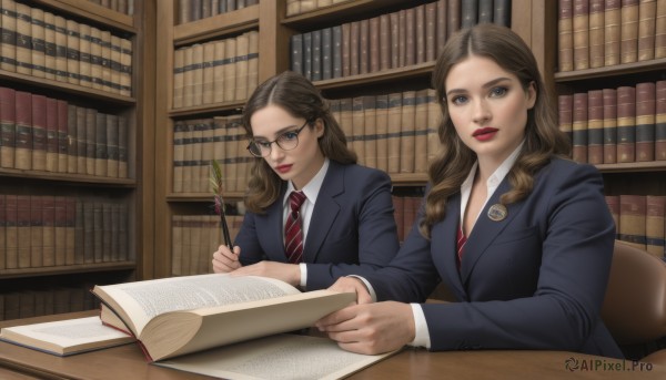 long hair,looking at viewer,multiple girls,brown hair,shirt,long sleeves,holding,2girls,brown eyes,sitting,school uniform,jacket,white shirt,necktie,glasses,striped,indoors,lips,book,chair,table,blazer,red necktie,dual persona,open book,realistic,wand,bookshelf,red lips,striped necktie,library,writing,quill,hogwarts school uniform,blue eyes,parted lips,collared shirt,signature,blue jacket,holding book,round eyewear,hair behind ear,holding wand