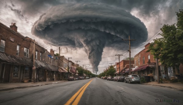 outdoors, sky, cloud, tree, dutch angle, no humans, cloudy sky, ground vehicle, building, scenery, motor vehicle, smoke, city, sign, car, road, house, power lines, lamppost, street, utility pole, crosswalk