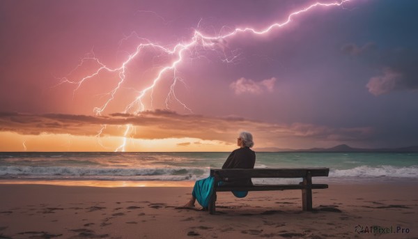 solo,short hair,1boy,sitting,white hair,grey hair,male focus,outdoors,sky,pants,cloud,water,from behind,facial hair,ocean,beach,cloudy sky,scenery,beard,sunset,sand,electricity,bench,old,old man,waves,lightning,1girl,hair bun,single hair bun,horizon,facing away,wide shot,twilight,shore,old woman